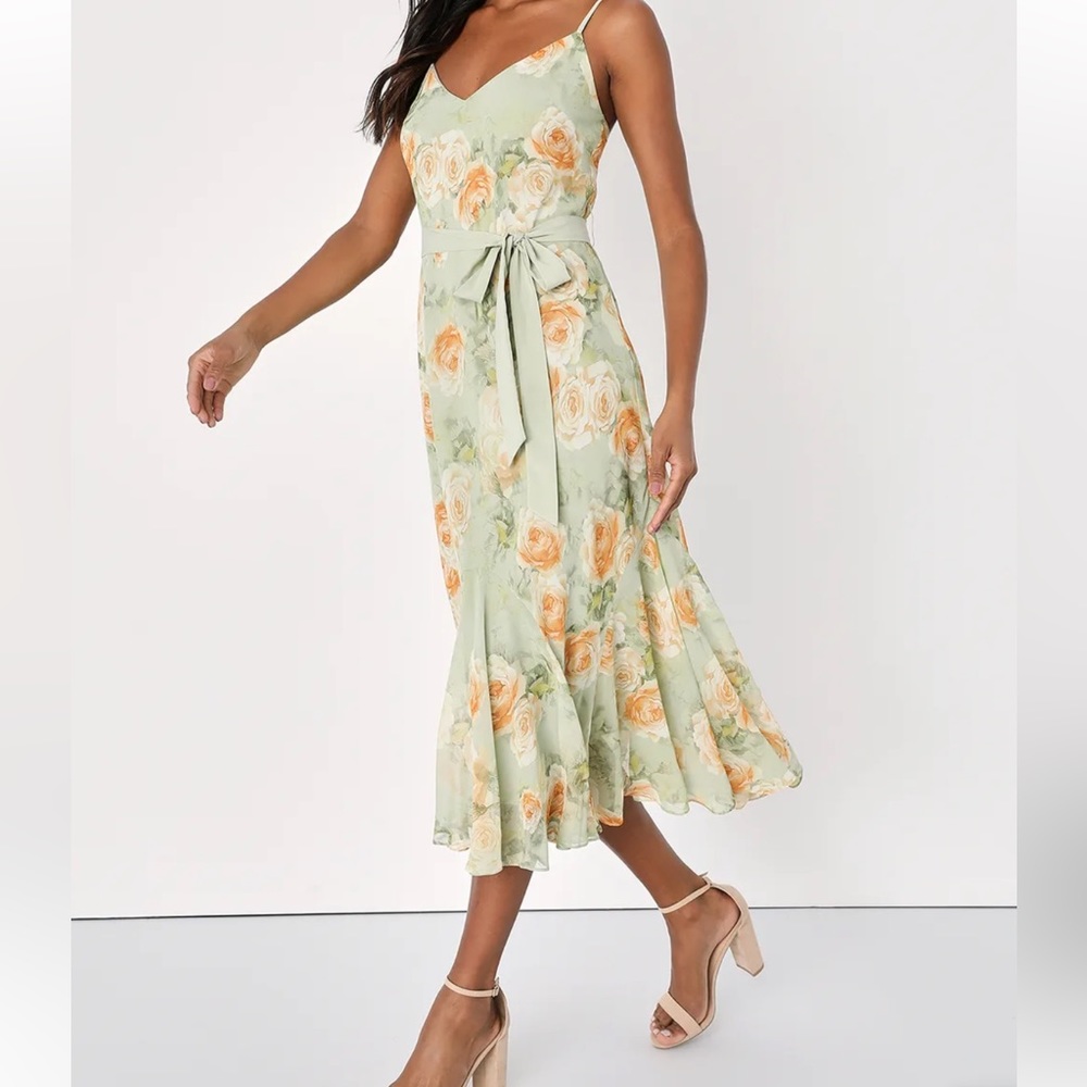 Sage Green Floral Chiffon Midi Dress
